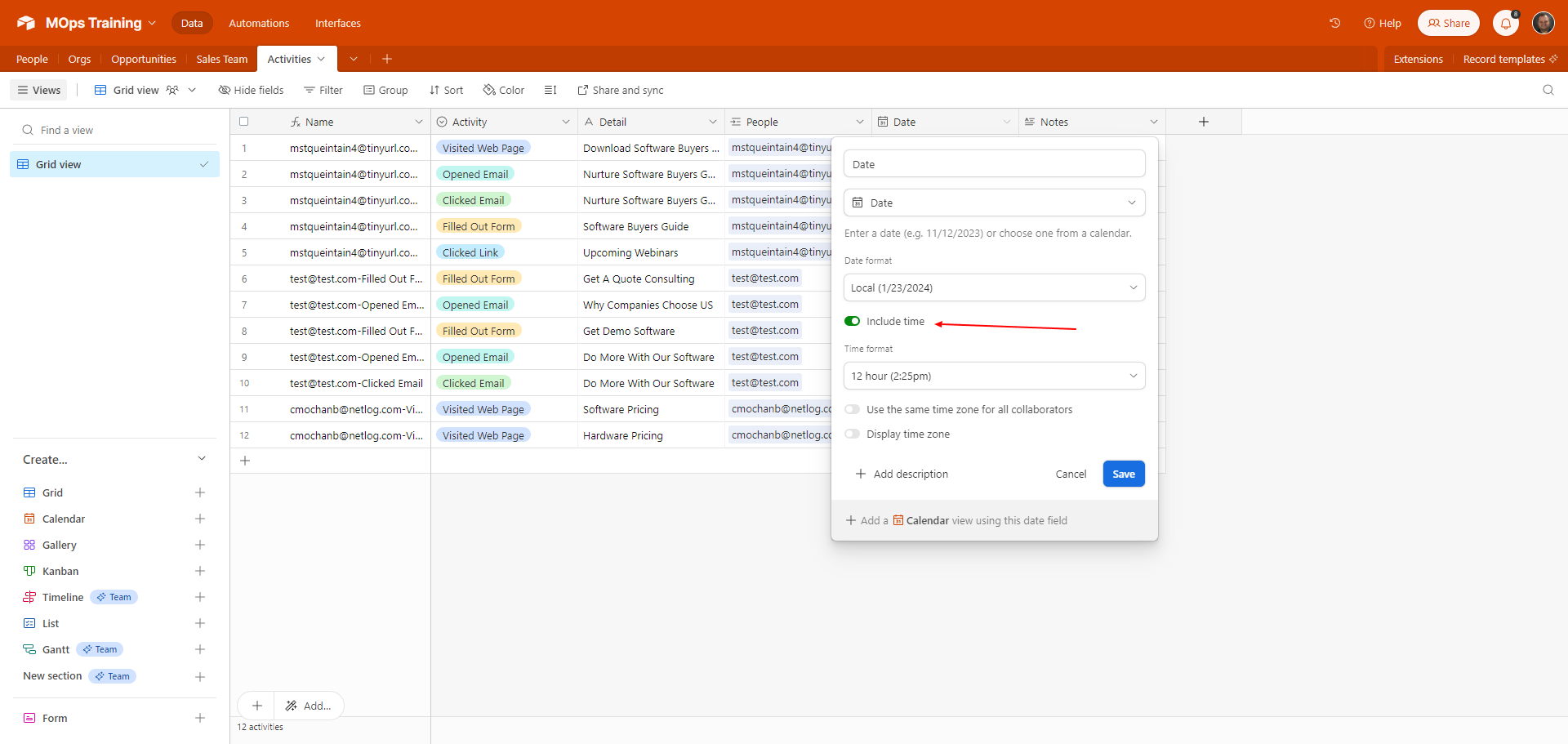 Screenshot of the Activities table with date-time field highlighted