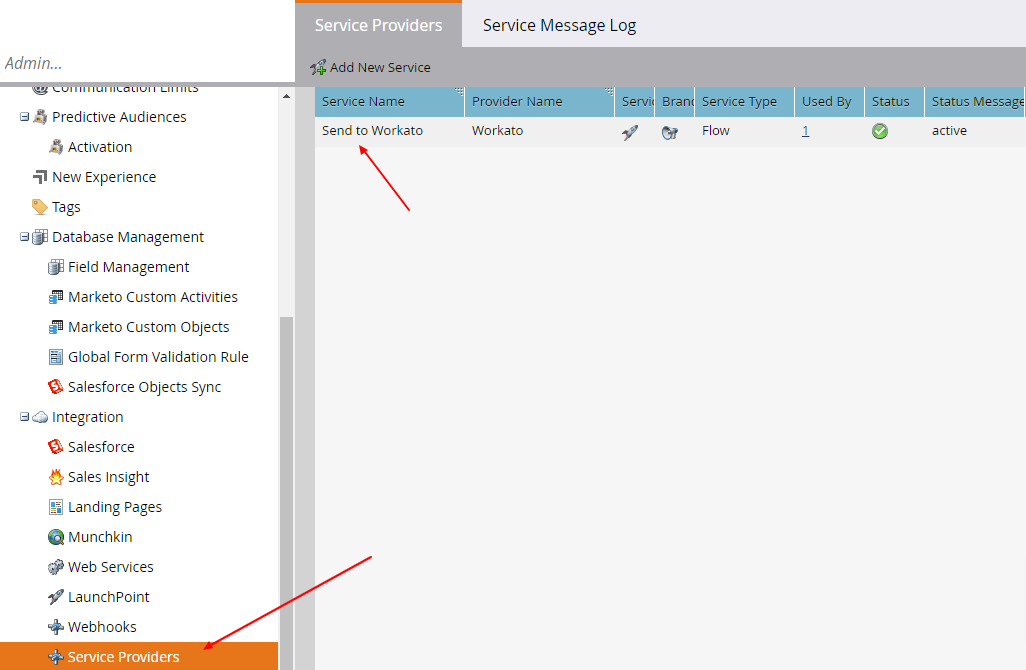 Service Provider setup in Marketo admin section