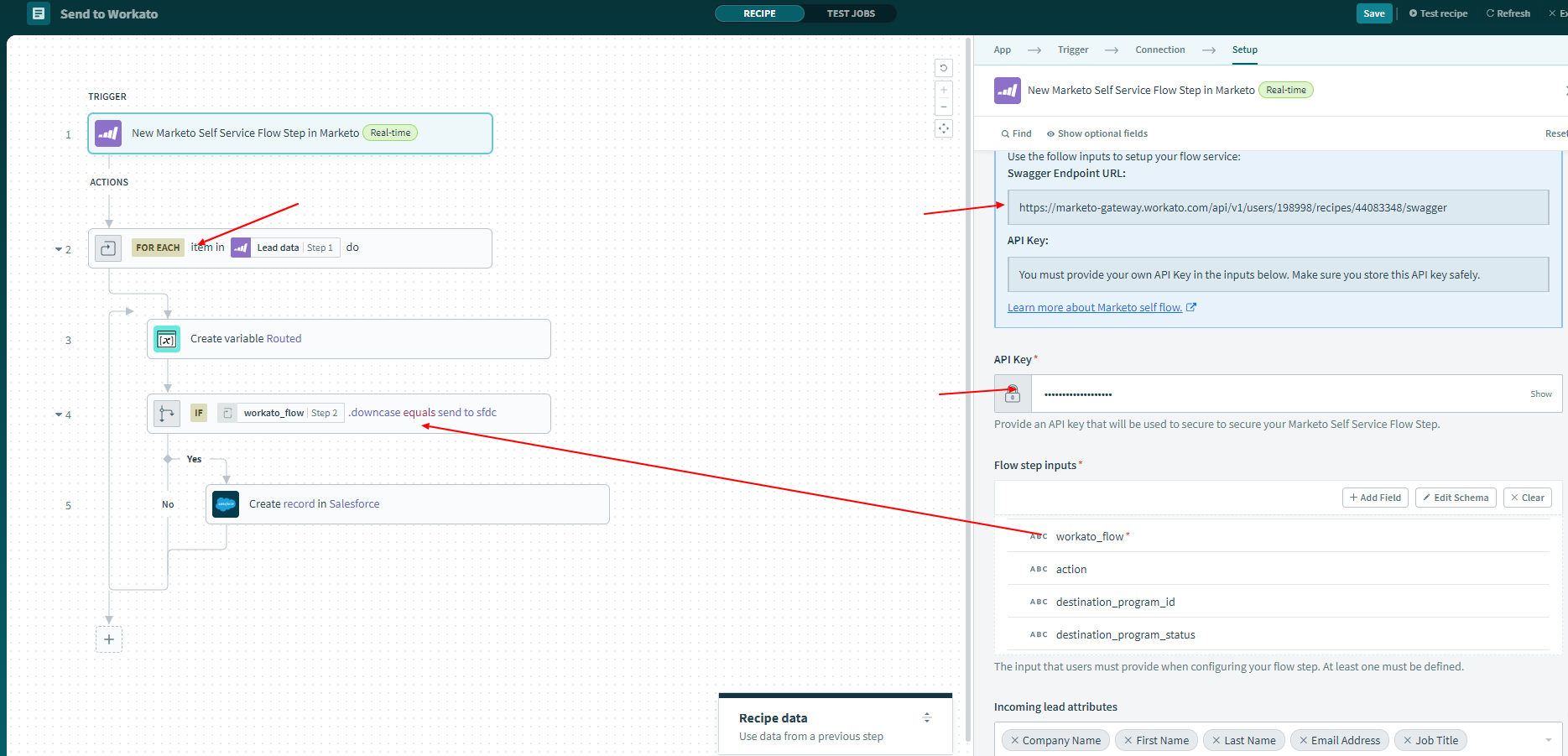 Workato recipe canvas showing Swagger endpoint URL and API Key setup