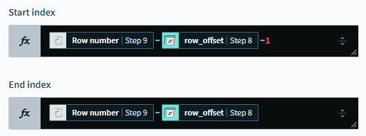 Two Workato input boxes in formula mode. The Start index box is showing a formula of tow number - row_offset variable - 1. The End index input is showing the formula row number - row_offset