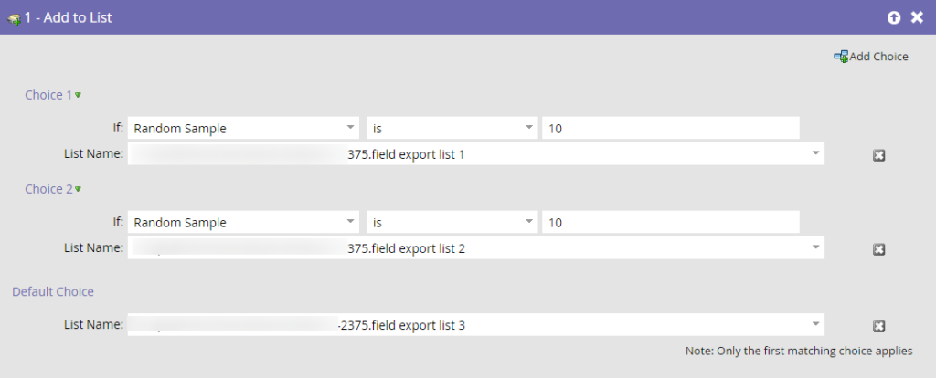 A screenshot of a Marketo Smart Campaign flow using Random Sample to add leads to lists