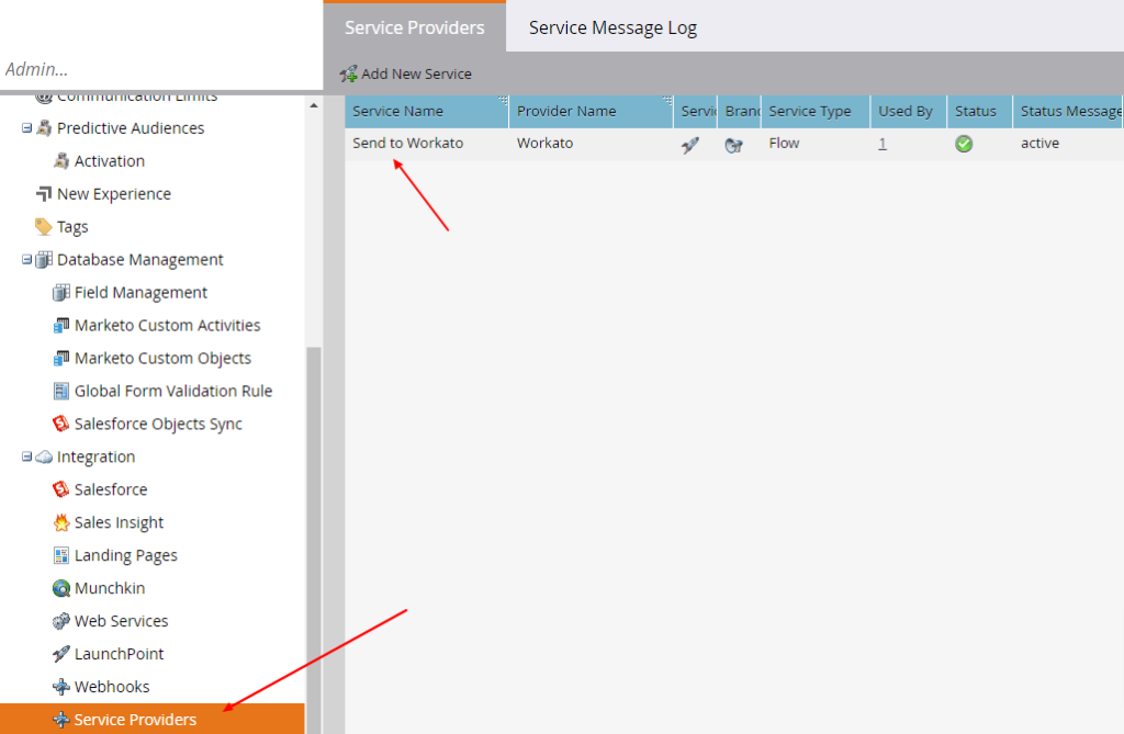 Screenshot of the Service Provider section in Marketo admin with an arrow pointing to the service provider name